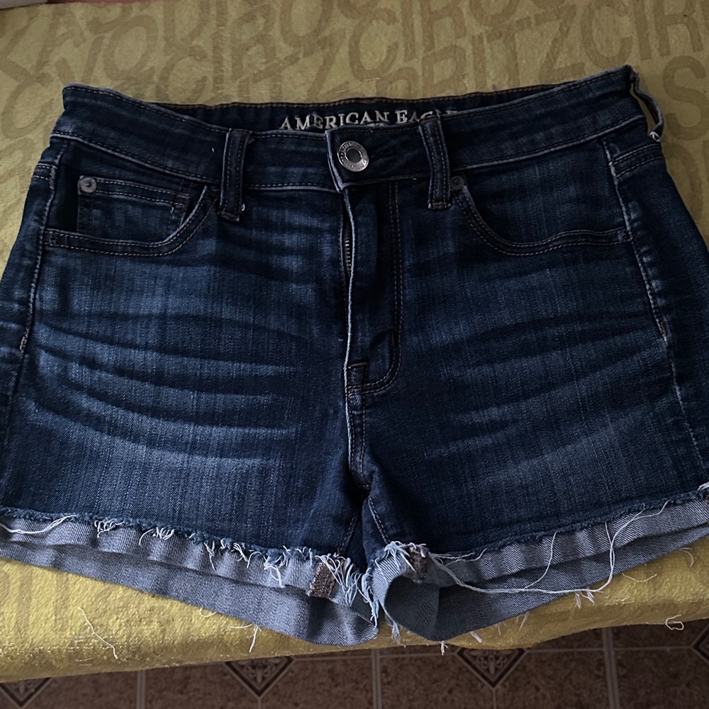 American Eagle Outfitters Dark Indigo Frayed Hem Denim Shorts